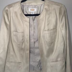 Talbots Womens Size 10 Beige Faux Micro-Suede Open Front Patch Pocket Jacket